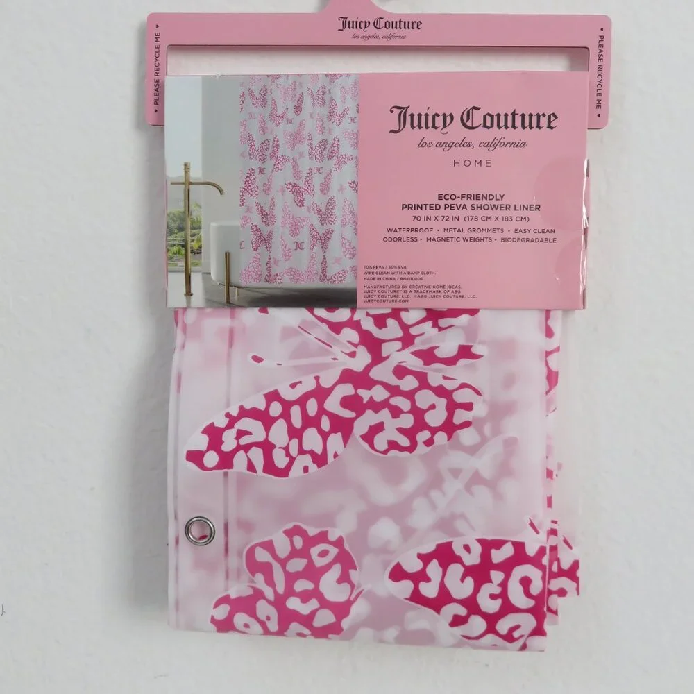 (#117) Juicy Couture PEVA Pink Butterfly Shower Curtain Liner Bathroom 70x72